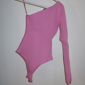 Pink One-Sleeve Ribbed Bodysuit